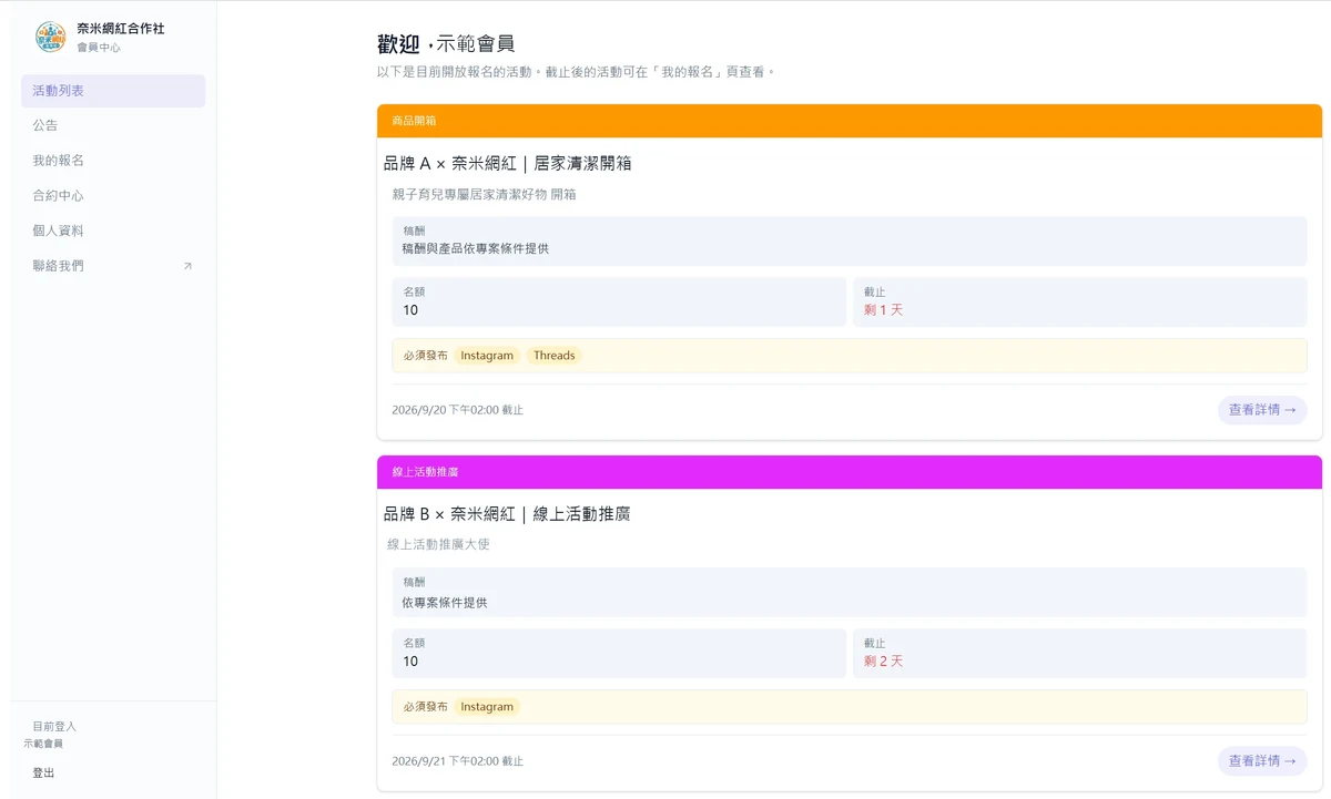 創作者會員中心介面示意,部分資料已替換為展示用資料